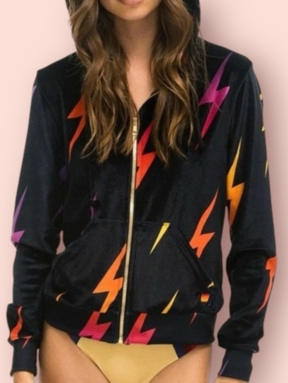 Aviator Nation Velvet/Velour Repeat Lightning Bolt Zip Hoodie